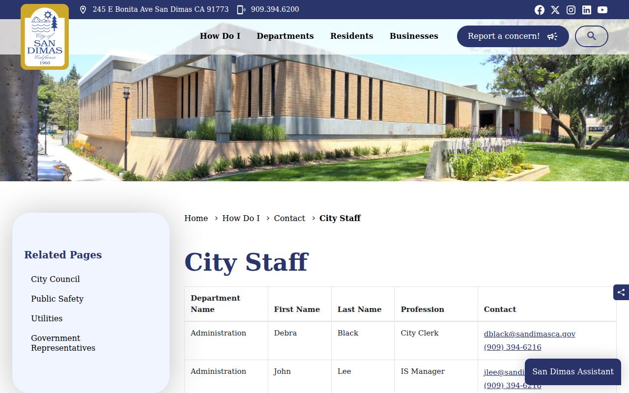 San Dimas people search in the city staff directory
