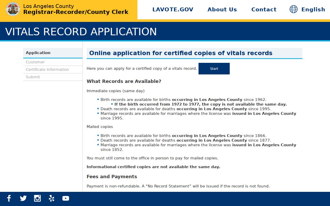 San Dimas public records application for Los Angeles County birth death and marriage copies