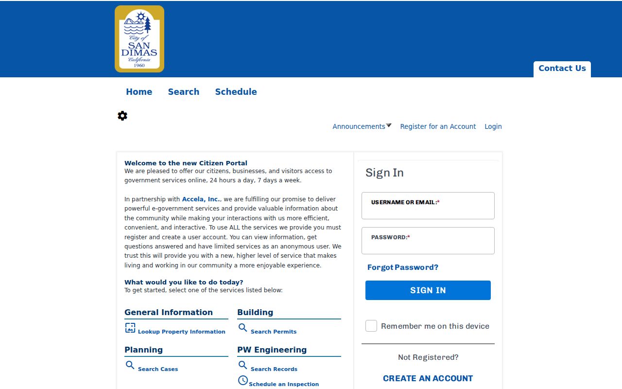 San Dimas public records portal for building planning and public works files